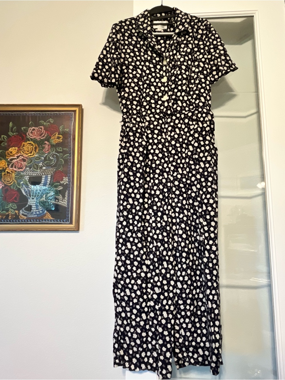 Vintage Navy and White Floral Short-Sleeve Collared Jumpsuit